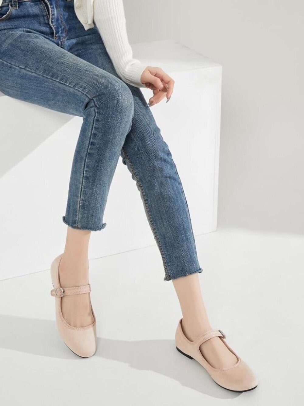 Babudog Womens Nude Faux Suede Rounded Toe Mary Jane Ballets Flats with Strap - Picture 8 of 9